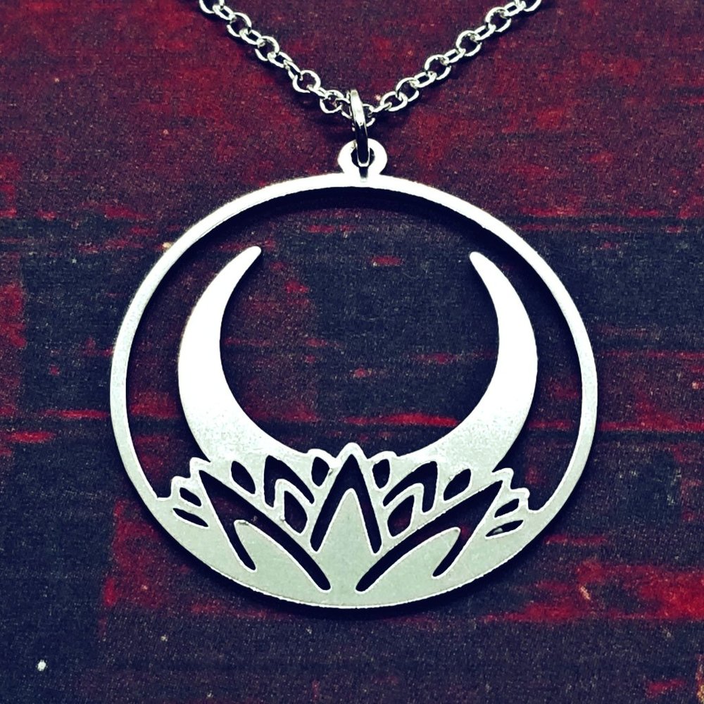 Lotus Flower & Crescent Moon Silver Necklace